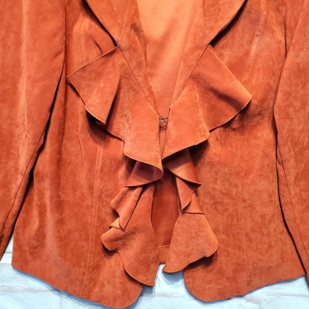 Cato Woman Jacket Womens 16W Orange‎ Ruffle Front Velvety Faux Suede Blazer - Picture 6 of 12